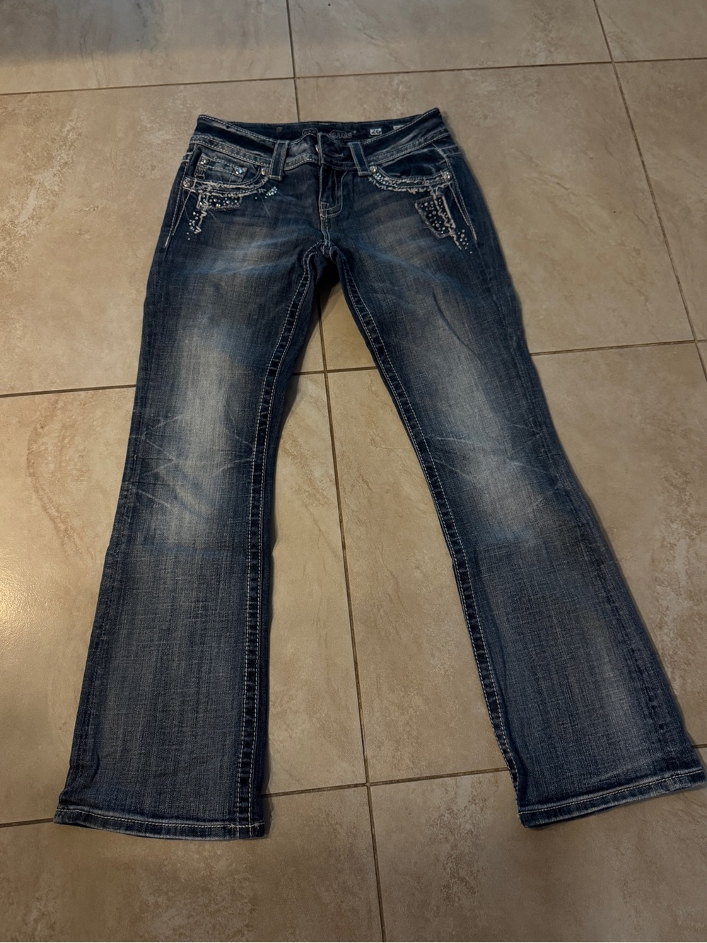 Miss Me Dark Blue Flare Jeans with Embellished Pockets